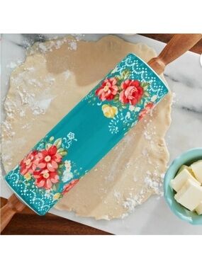 The Pioneer Woman Vintage Floral Ceramic Rolling Pin with Acacia Wood Handles